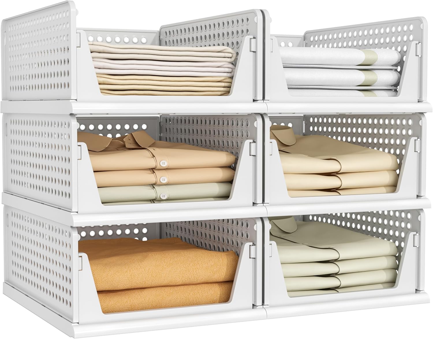 Pinkpum 6-Pack Closet Organizers - Stackable Plastic Storage Bins for Clothing & Accessories | White