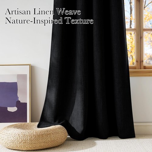 NICETOWN Black Faux Linen Blackout Curtains - 63-Inch Privacy Panels for Living Room & Kitchen | 2 Grommet Top Panels
