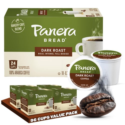 Panera Bread Dark Roast Coffee Pods, 100% Arabica Compatible, Bold & Smooth Dark Chocolate Finish, Kosher Certified, Recyclable Single Serve Cups, 96 Single Serve Pods (4 Packs of 24)