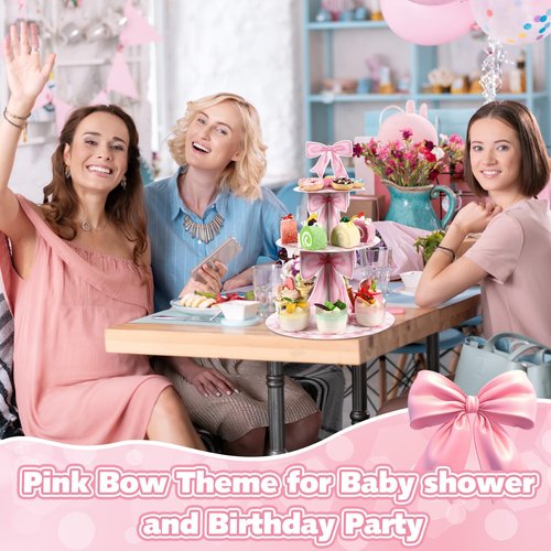 Willinglong 3 Tier Pink Bow Cake Stand Coquette Bow Party Birthday Cake Stand Decorations Pink Dessert Tower for Wedding Garden Birthday Party Supplies