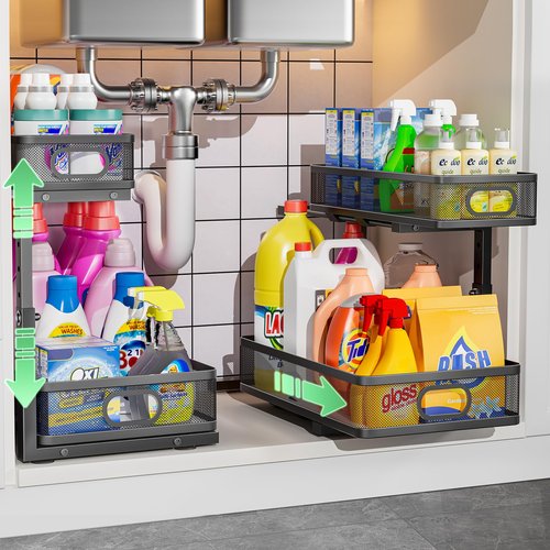 Dolesman Under Sink Organizer 2 Pack, High Adjustable 2 Tier Under Sink Organizers and Storage, Slide out Metal Cabinet Organizers, Pull out Storage Drawer Shelf for Kitchen Bathroom Cabinet