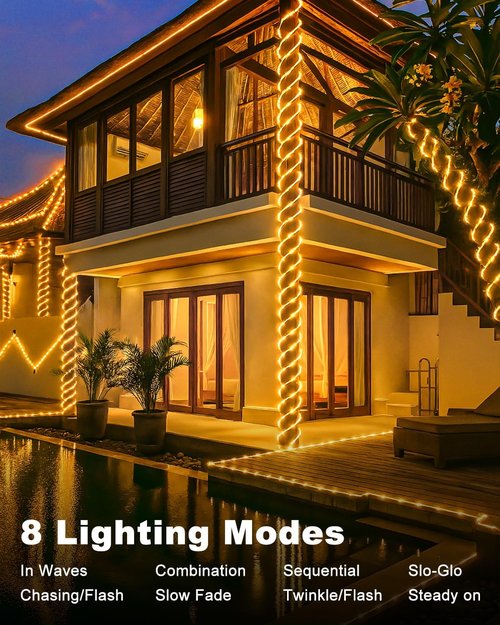 Btfarm Solar Rope Lights - 120 LED Waterproof 46FT Outdoor String Lights | 8 Lighting Modes for Garden, Party, Wedding Decor - Warm White