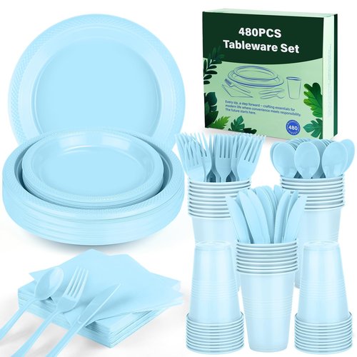 Kochorie 480 Pieces Light Blue Plastic Dinnerware Set Disposable Heavy Duty Plates Napkins Cups Silverware Dessert Dinner Plates for Birthday Wedding Baby Shower Party Supplies, Serves 60 Guests