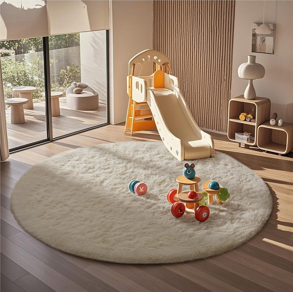 Ophanie Round Rugs - 6Ft Ivory Circle Area Rug | Fluffy Plush Shaggy Carpet for Kids' Rooms & Nurseries