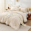 FUANNA Queen Comforter Set - Beige 3-Piece Ruffle Shabby Chic Bedding | Fluffy Lightweight All-Season Comforter & Pillowshams