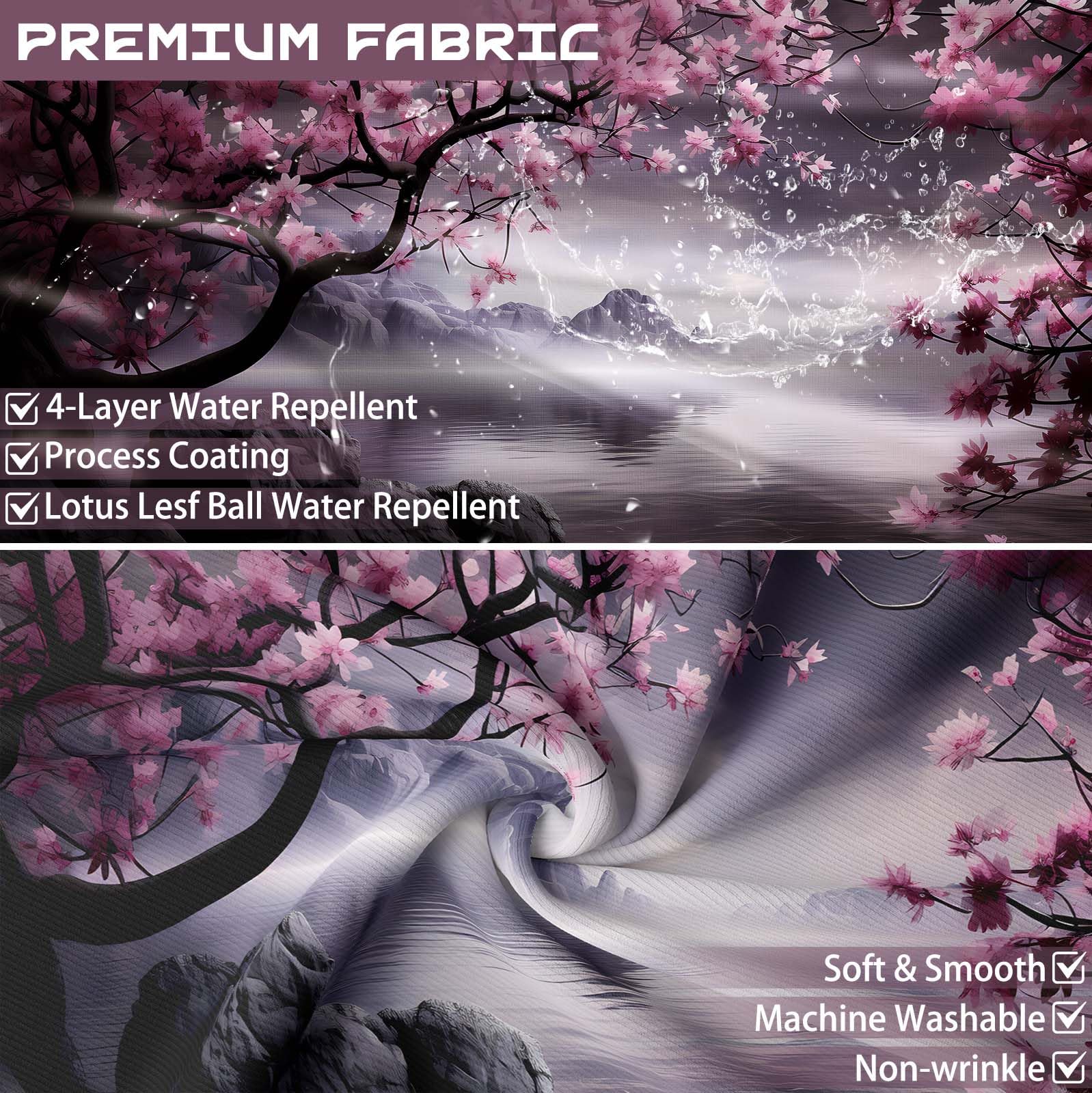 Yieldeer Japanese Shower Curtain Asian Cherry Blossom Bathroom Decor Mountain Bath Curtain, Waterproof Cloth Fabric with Hooks, 70x72 inch
