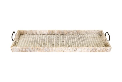 Creative Co-Op Oversize Decorative Rattan Tray with Metal Handles, Tan, Whitewashed