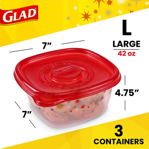 Glad GladWare Tall Entree Holiday Edition Food Storage Containers with Red Star Lids, Large Square BPA Free for Holiday Cookies and Leftovers, Microwave Freezer Dishwasher Safe, 42 Oz, 3 Count