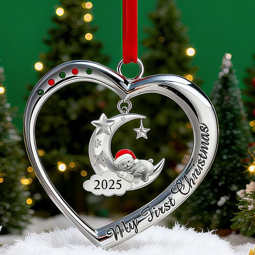Baby's First Christmas Ornament 2025 My 1st Christmas Decorations 2025 Newborn Keepsake Gifts for Girl Boy Silver Heart with Hanging Bear Moon Star