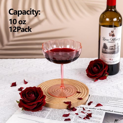 Ciaell 12PCS Plastic Martini Glasses - 10 Oz Pink Elegant Disposable Cocktail Glasses for Champagne Wine Wedding Party Anniversary Bar & Mother's Day