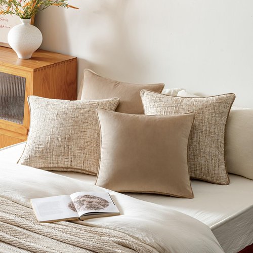 a moment Khaki 4 Pack Throw Pillow Covers - Chenille & Velvet Set with Piping, Farmhouse Textured Design Cushion Cases for Couch Sofa Bed (18x18 Inch, No Insert)