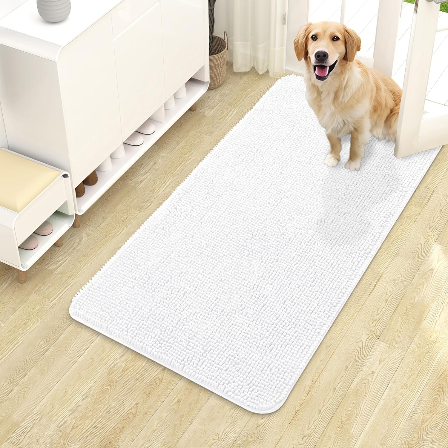 OLANLY Dog Door Mat - Absorbent Non-Slip Washable Chenille Mat for Muddy Paws | 40x24 Inches, White