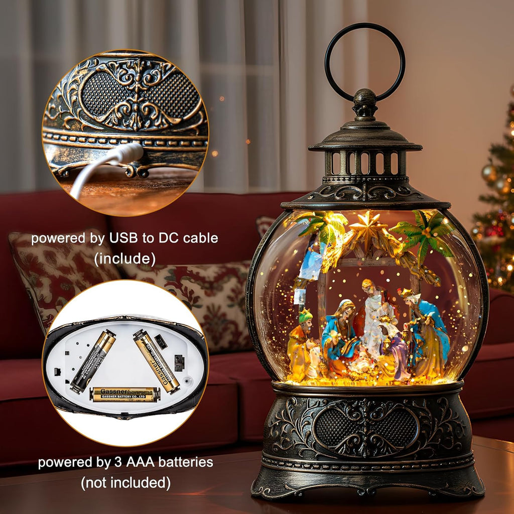 Skiennix Christmas Snow Globe Lantern - Musical Holy Family Nativity Scene | 6-Hour Timer, USB & Battery Operated