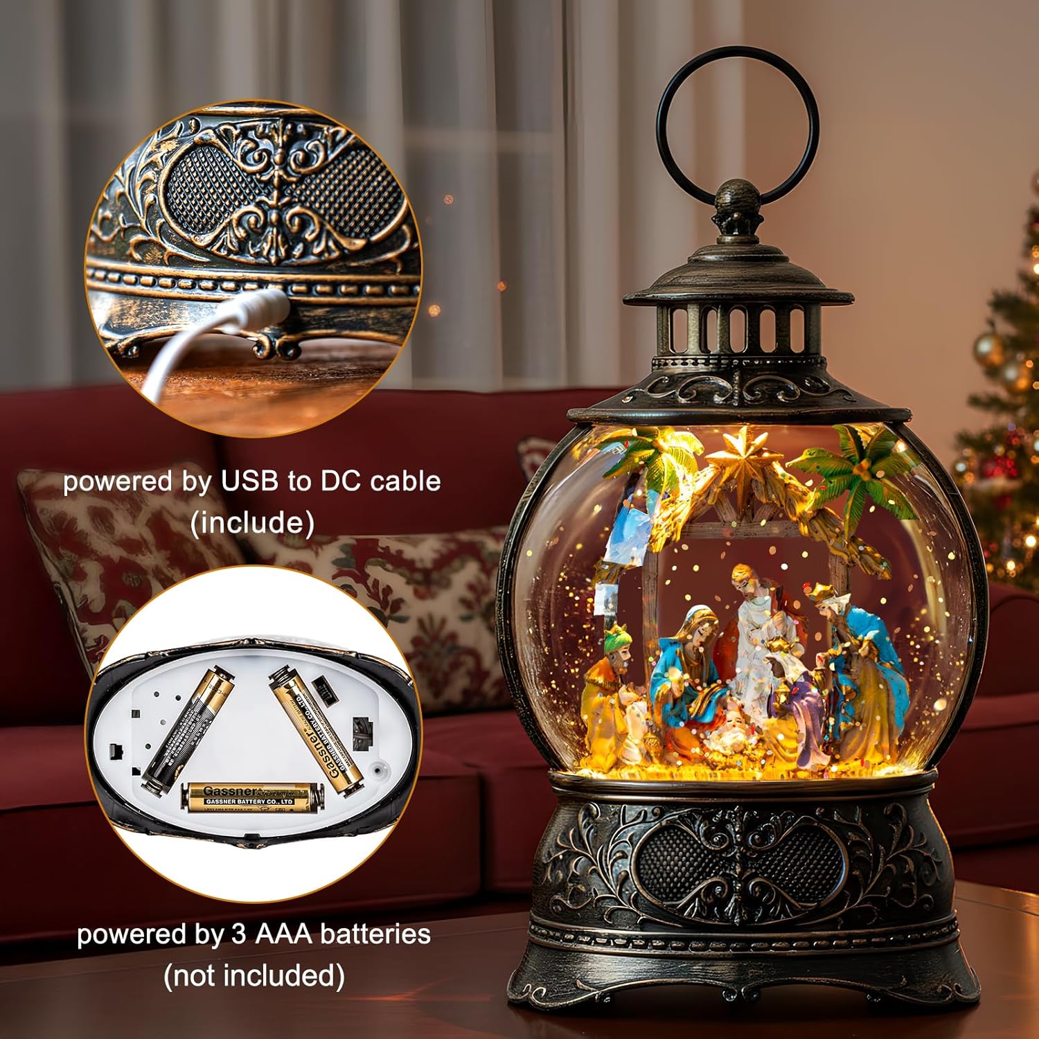 Skiennix Christmas Snow Globe Lantern - Musical Holy Family Nativity Scene | 6-Hour Timer, USB & Battery Operated