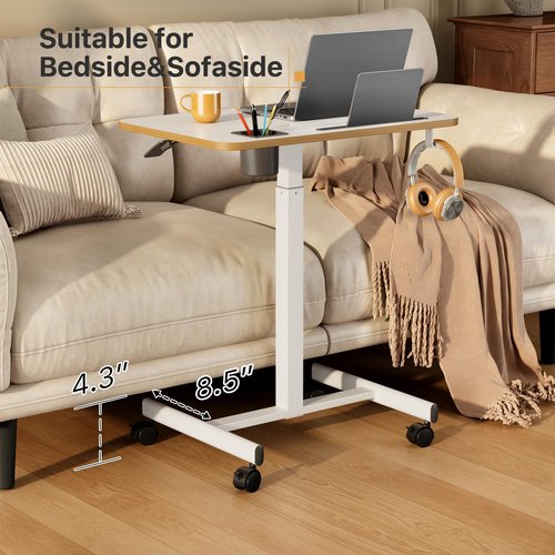 Liftsync Mobile Standing Desk, Rolling Laptop Cart Adjustable Height with Cup Holder, 28 inch Portable Table with 4 Lockable Wheels, White Computer Workstation with Hook and Slots for Home Office