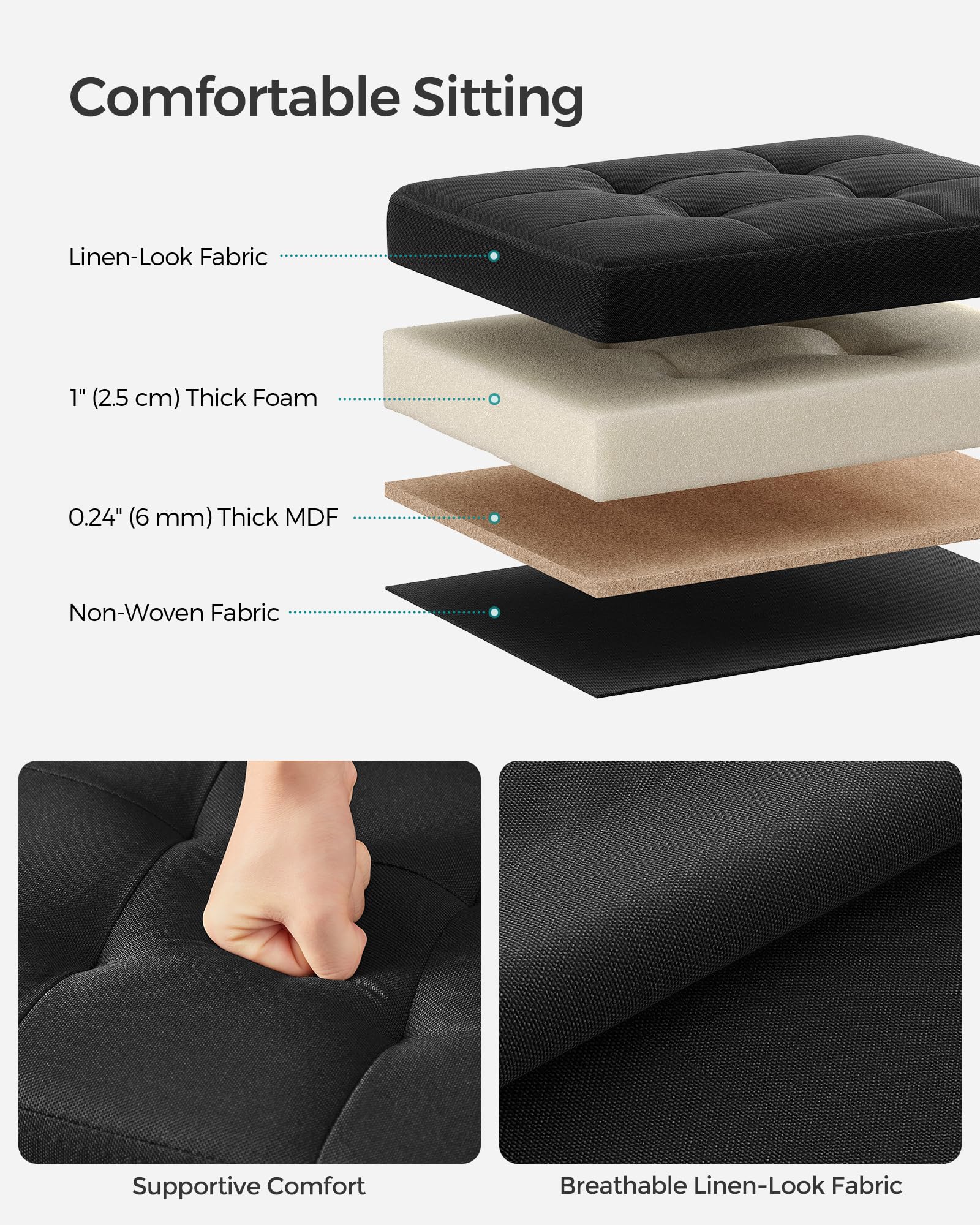 SONGMICS MAZIE Collection - Small Folding Storage Ottoman, Foot Rest Stool, 12.2 x 16.1 x 12.2 Inches, 286 lb Load Capacity, for Living Room, Bedroom, Home Office, Dorm, Ink Black ULSF102B01
