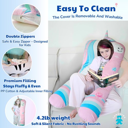 LUNAMIRA Unicorn Kids Body Pillow - 47" U-Shape Long Plush Soft Animal Pillow for Toddlers, Sleeping, Reading, ADHD & Special Needs Comfort, Anxiety, Washable Cover, Snuggle Cuddle for Boys & Girls