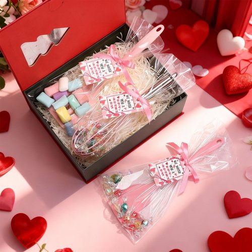 Jingmore 10 Pcs 3 Set Valentine Day Whisk Baking Gifts Pink Kitchen Utensil Gifts Set Silicone Spatula Slotted Spatula Stainless Steel Whisk with Tag Clear Bag for Cook(Pink,Valentine's Day)