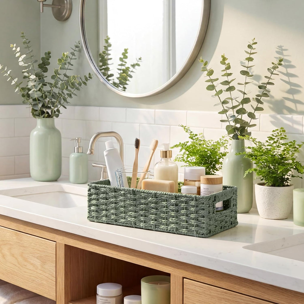StorageWorks Wicker Toilet Basket - Built-In Handles for Easy Organization | Sage Green Bathroom Decor