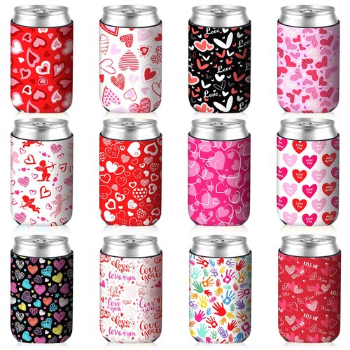 Tiamon 12 Pcs Valentines Day Can Coolers Sleeves Colorful Love Coolers Neoprene Drink Holders for 12 oz Beer Beverage Bottle Holiday Wedding Anniversary Party