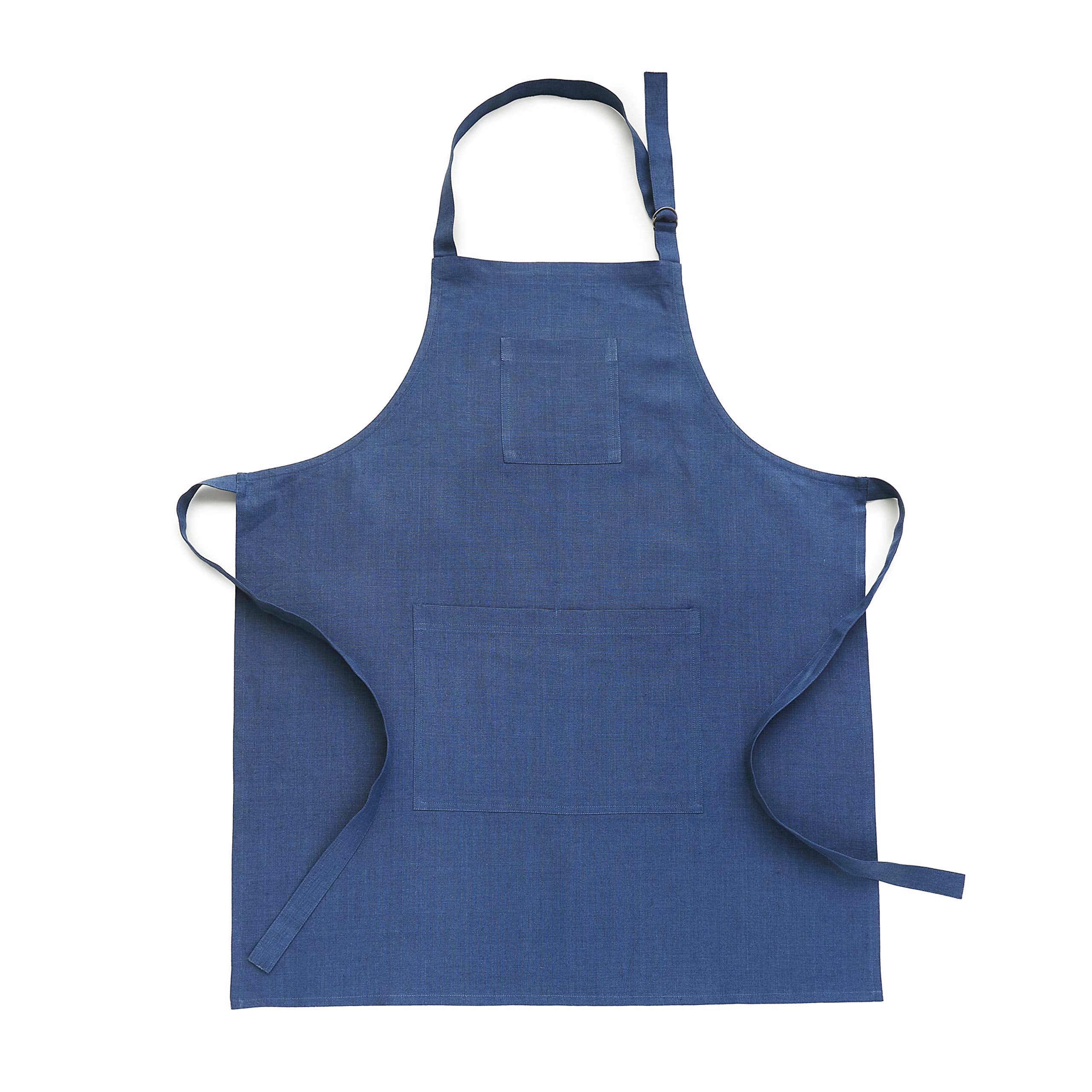Solino Home Linen Bib Apron for Men & Women - 100% Pure Linen Blue Kitchen Apron with Front Pockets - Handcrafted from European Flax