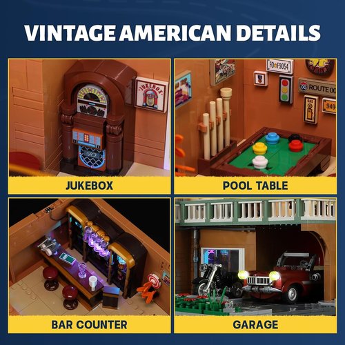 FUNWHOLE City Car-Hotel Lighting Building Bricks Set - 1970 Pcs Modular Twilight Motel Collection with LED Lights for Adults & Teens