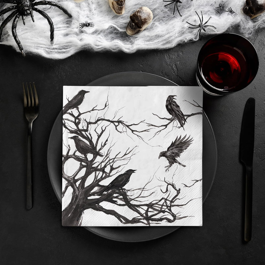 Generic 50Pcs Halloween Paper Napkins Disposable Silhouette Tree Crows Luncheon Napkins Black Dinner Hand Napkin for Party Supplies Table Decor
