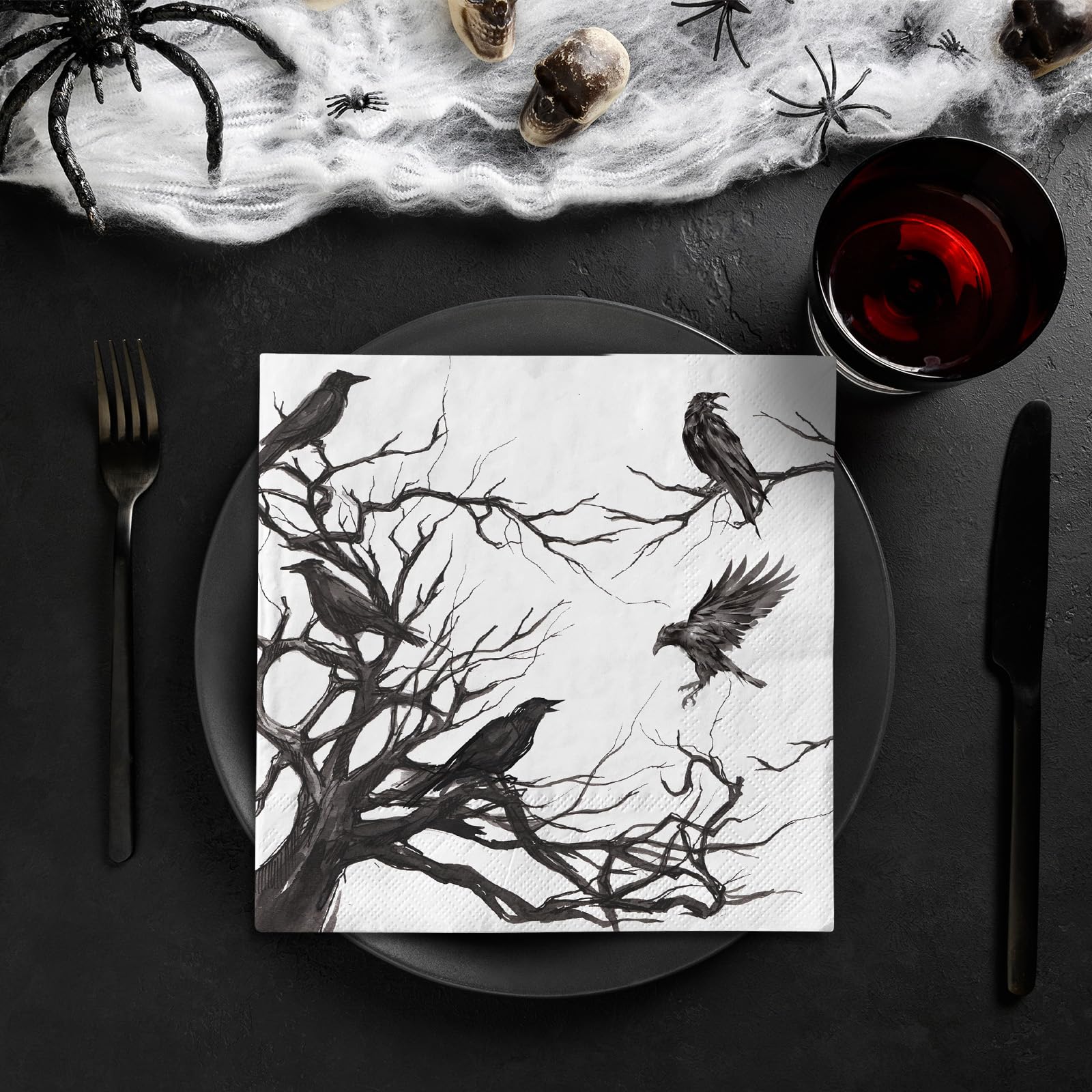 Generic 50Pcs Halloween Paper Napkins Disposable Silhouette Tree Crows Luncheon Napkins Black Dinner Hand Napkin for Party Supplies Table Decor
