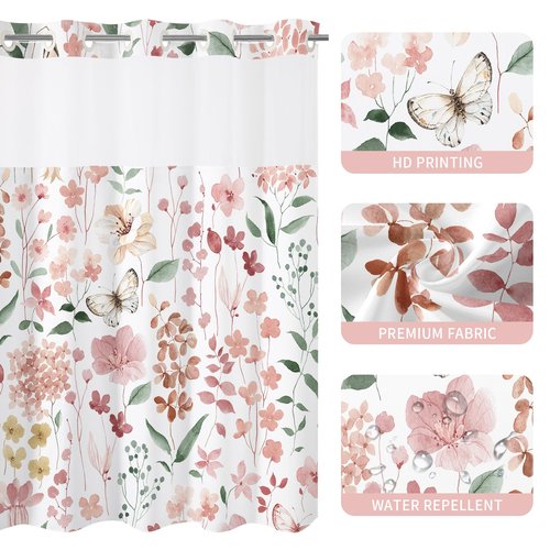 Litabel No Hook Pink Watercolor Floral Shower Curtain and Liner Set, Spring Flower Shower Curtains with Snap in Liner for Farmhouse Bathroom Decor, Botanical Bathroom Curtain with Leaves, 72x74