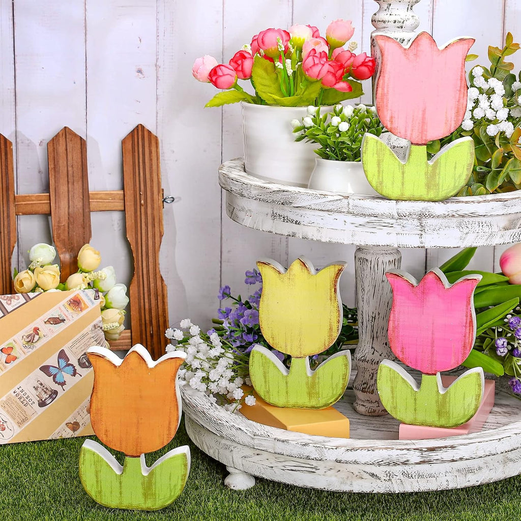 Whaline 4Pcs Spring Tulips Wood Signs - Rustic Floral Table Decor for Farmhouse Centerpieces
