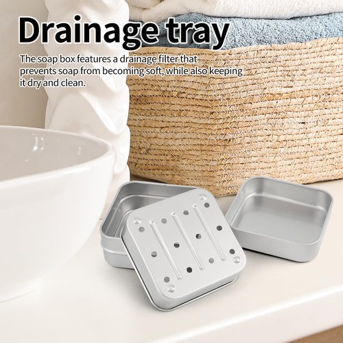 2PCS Aluminum Travel Soap Container with Lid Self Draining Soap Dish Metal Storage Rack, Square Portability Moisture Resistant Metal Soap Holder Home or Travel(3 x 3 x 1.5 Inch)