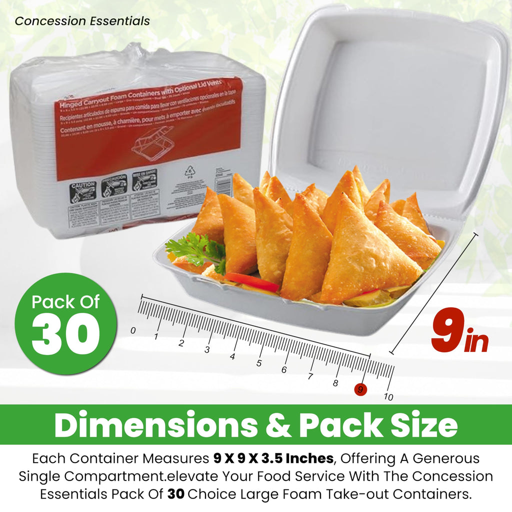 Concession Essentials Pack of 30CT Choice Large 9 x 9 x 3.5 Inch Foam 1-Compartment Containers, White, Hinged, with Optional Venting, Polystyrene, 9"L x 9"W x 3.5"H