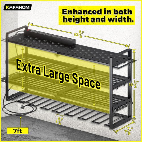 KAFAHOM Power Tool Organizer - Wall-Mounted Storage with Charging Station & 8 Drill Holders | Tool Battery Rack