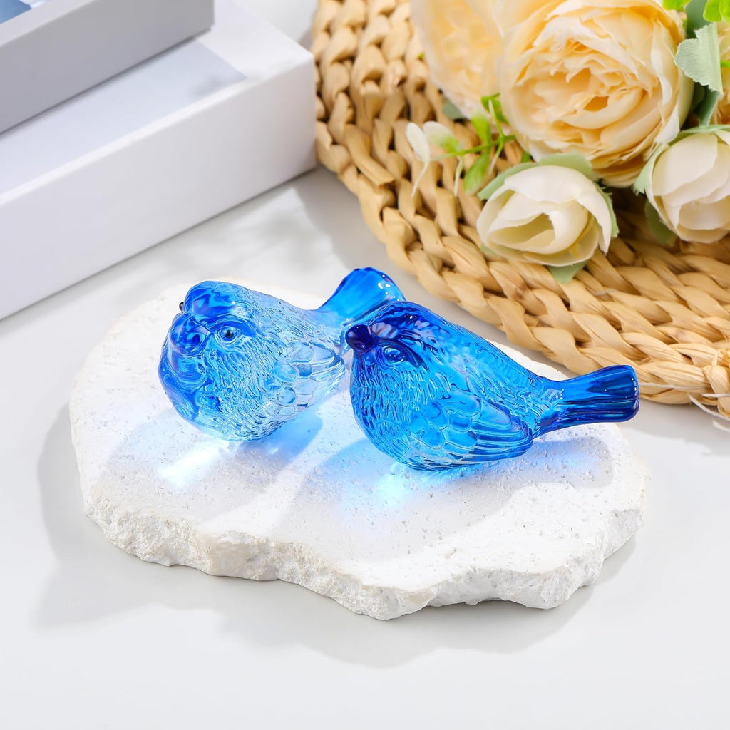Qianwei Crystal Bird Figurine Set - Handmade Blown Glass Blue Birds for Office Desk Decor | 2PCS