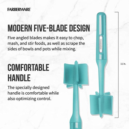Farberware Heat Resistant Nylon Meat and Potato Masher, Safe for Non-Stick Cookware, Aqua Sky