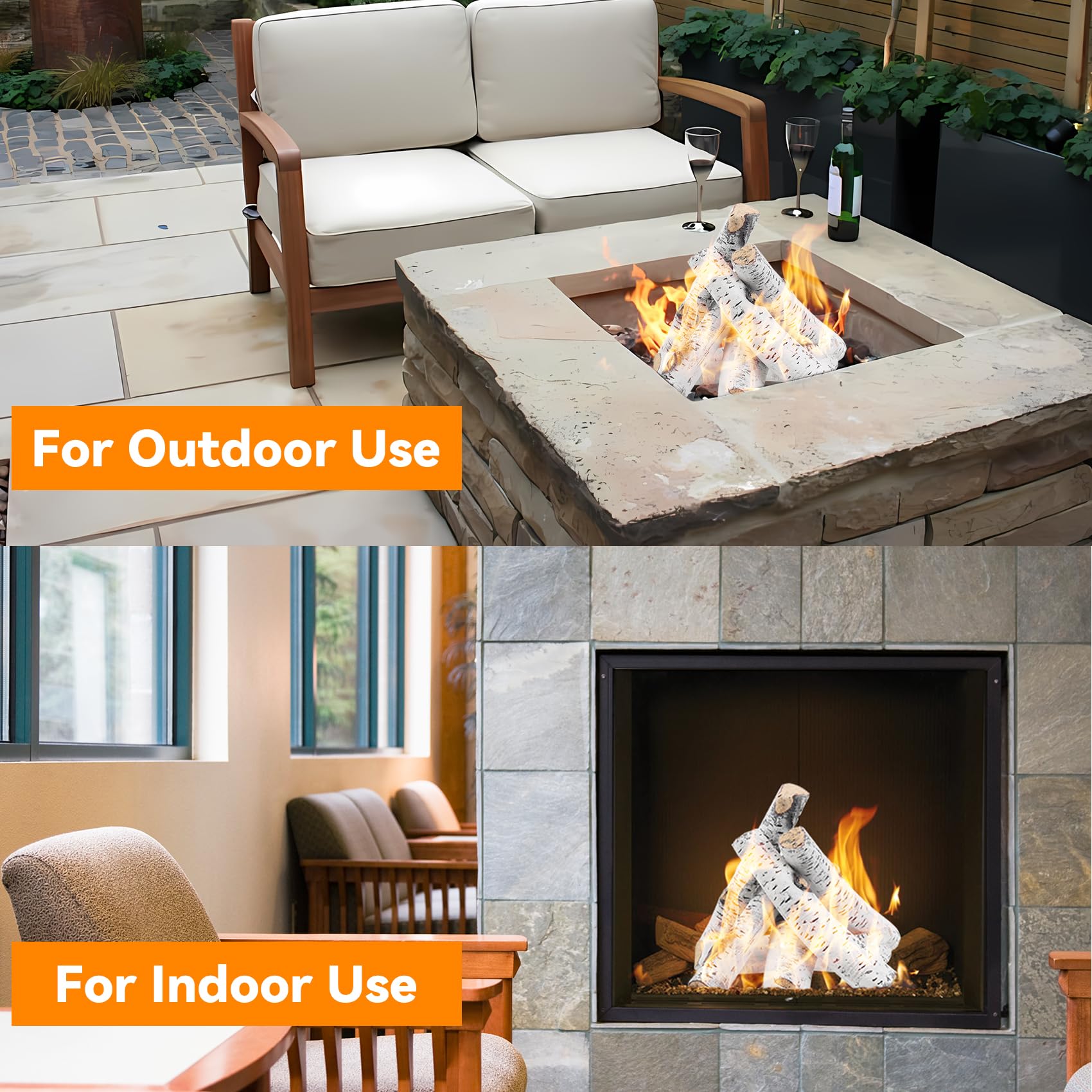 Skyflame 6 Piece Set of Gas Fireplace Logs, Large White Birch Ceramic Logs for All Types of Indoor/Outdoor Gas Inserts, Ventless, Fireplaces and Fire Pits