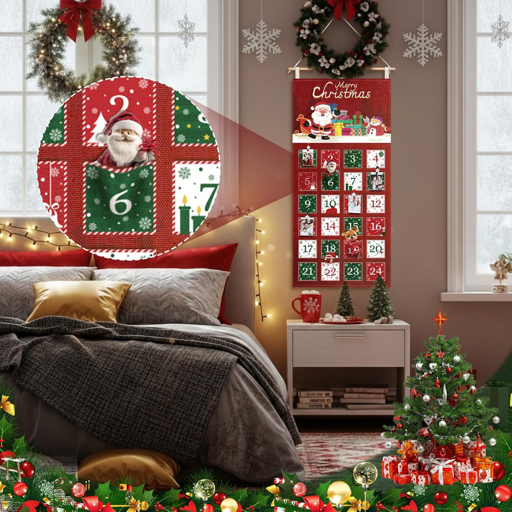 Weysat Christmas Fabric Advent Calendar - Reusable 24-Day Countdown Wall Hanging with Pockets & Clips | Santa Claus Design