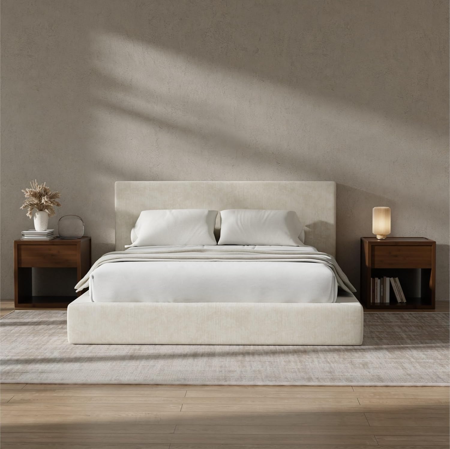 Recci AirFrame Queen Bed Frame - Cloud Upholstered Platform with Cushioned Headboard | Easy Assembly, Beige Chenille