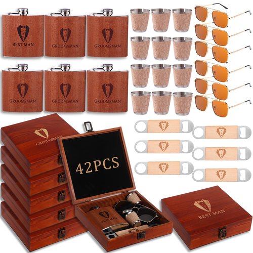 Acellegic 42 Pcs Groomsmen Gifts Set of 6, Groomsmen Proposal Box with Flasks Sunglasses Pine Box Funnel Bottle Opener Small Wooden Cups for Wedding Best Groomsman Man Gift