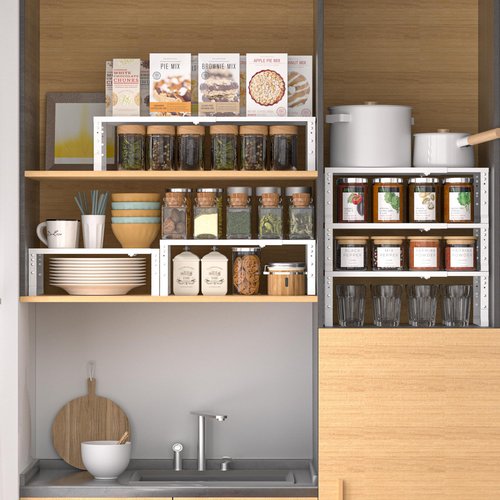 Wobmmi Expandable,Adjustable & Stackable Spice Rack, Cabinet Kitchen Countertop Shelf Organizer,Metal Pantry Storage Shelves - Space-Saving Storage Solution(2Packs/White/Medium)