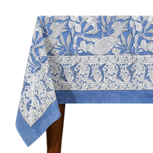 72x118 Inches Rectangle Hand Block Printed Cotton Tablecloth, White Blue Floral Table Cloths Washable, Indian Table Linen for Valentine Thanksgiving Gifts Home Decor Dinning Outdoor