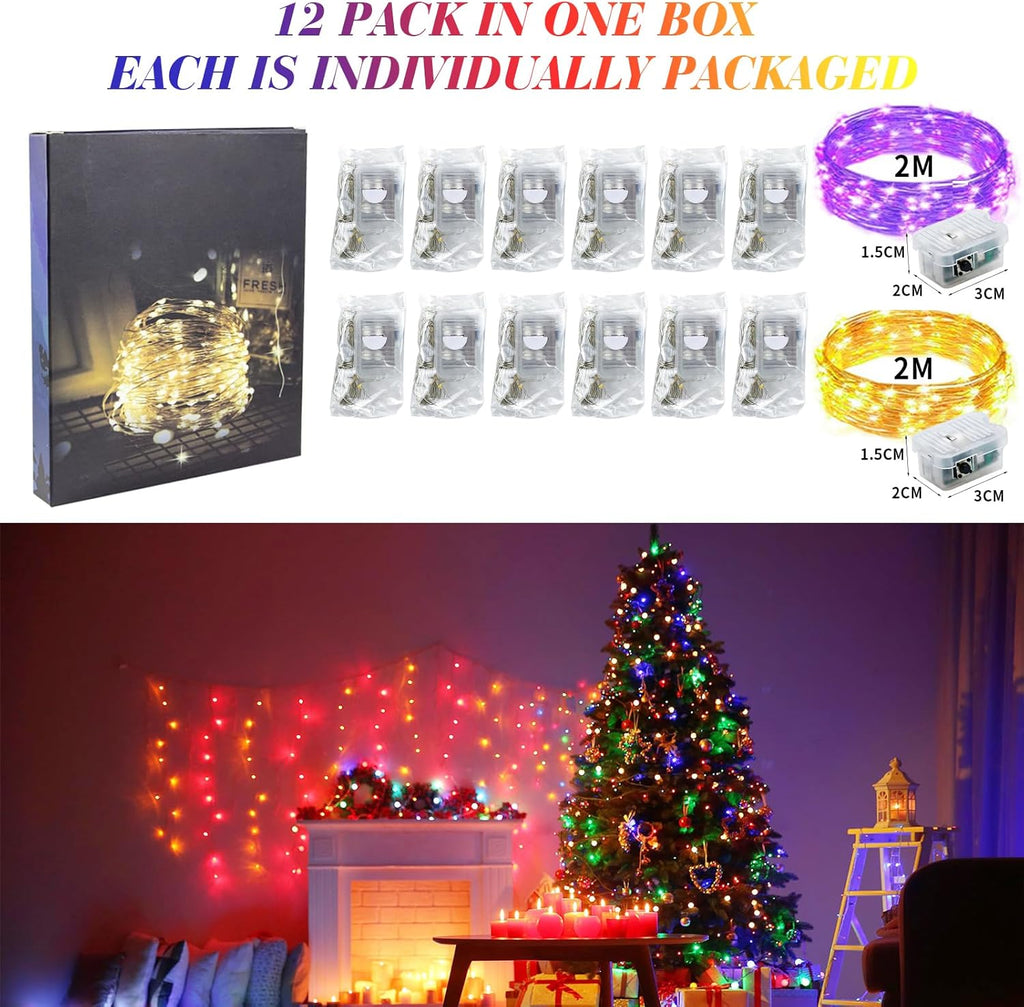 ZGWJ Fairy Lights - 12 Pack Battery Powered, 7Ft Silver Wire, 20 Mini LEDs, 3 Modes | Warm Purple for DIY & Events