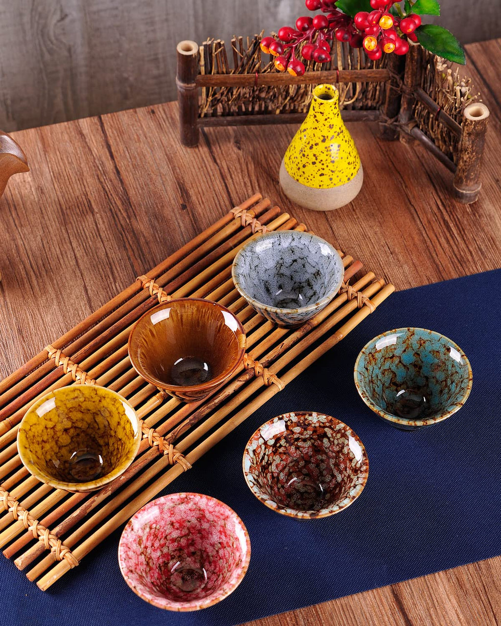 WHJY Ceramic, Japanese Sake Cups, Traditional Chinese Kung Fu Tea cups set Kiln Change Glazed. set of 6, 60ml/2oz