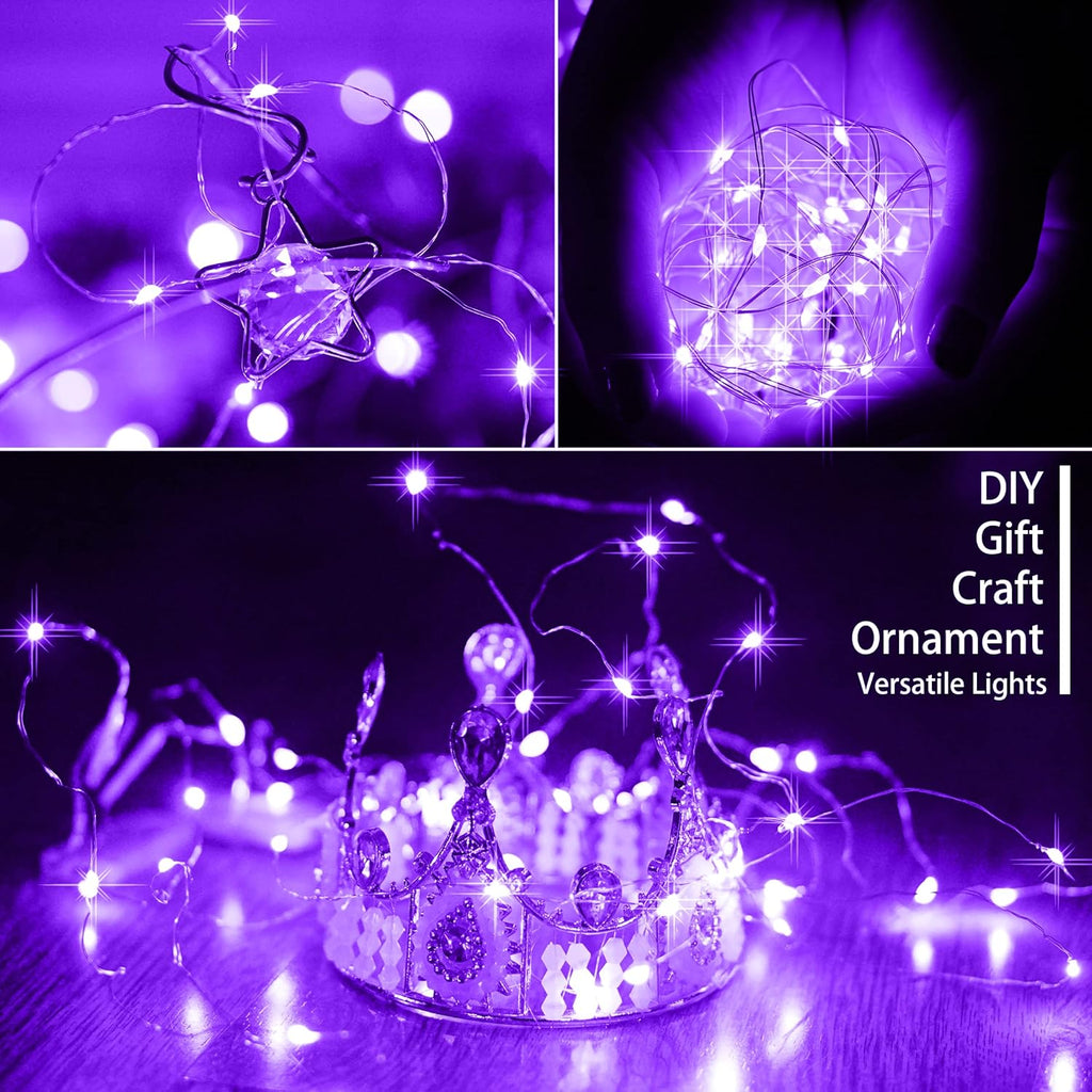 SunKite 20 LED Purple Fairy String Lights - Waterproof Battery Operated | 6.6 Feet Silver Copper Wire for DIY Decor
