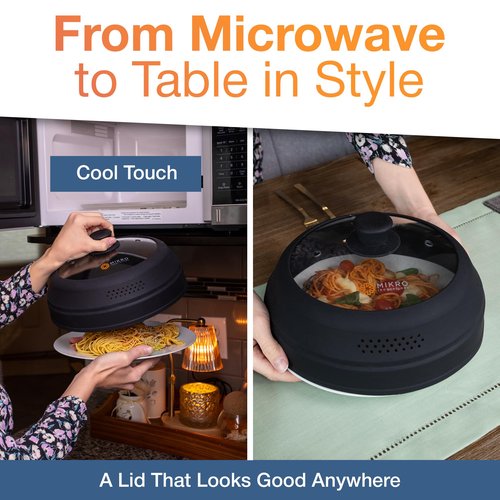 Mikro Innovations Glass & Silicone Microwave Splatter Cover – Tall and Collapsible Design that fits 6-10.5in Plates and Bowls - Space Saving, BPA Free & Dishwasher Safe (1, Black, large)