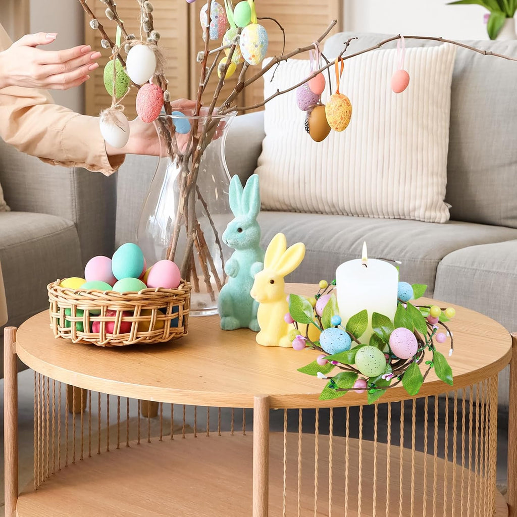 Winlyn Easter Egg Candle Rings - 4 Pcs Spring Wreaths with Pastel Eggs & Foliage | 11" Holiday Decor