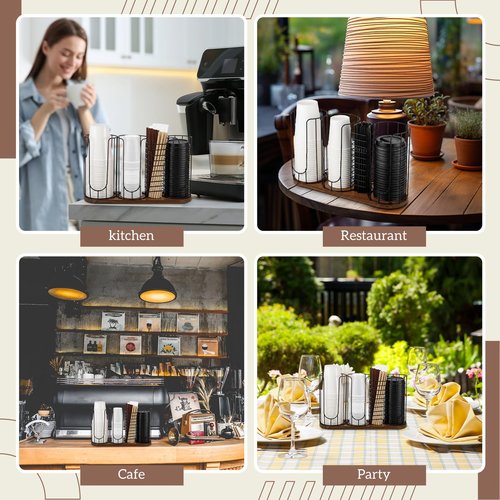 Geelin Coffee Cup Dispenser, Cup Holder Organizer for Storing Paper Cups, Straws, Lids and Disposable Tableware(4-Compartment Single Layer, Black and Brown)