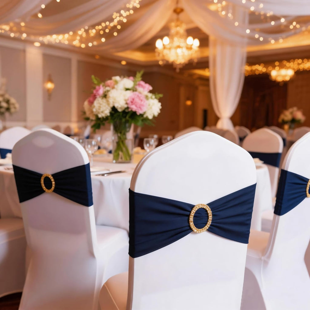 Skiennix Spandex Navy Blue Chair Sashes - Pack of 50 with Gold Buckles for Weddings & Events