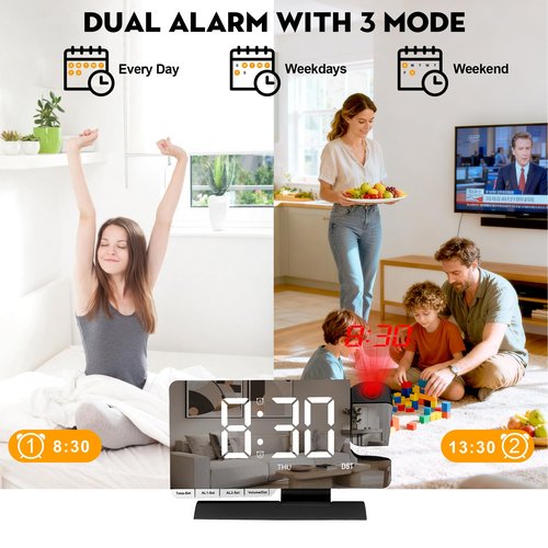 SZELAM Digital Clock,Alarm Clock Bedside with Projection,7.3" Mirror Clock with 180°Rotating Projector,Dual Alarm with 3 Mode,Brightnee Adjust,DST,Snooze,Charging Port,5 Levels Volume for Desk Teens