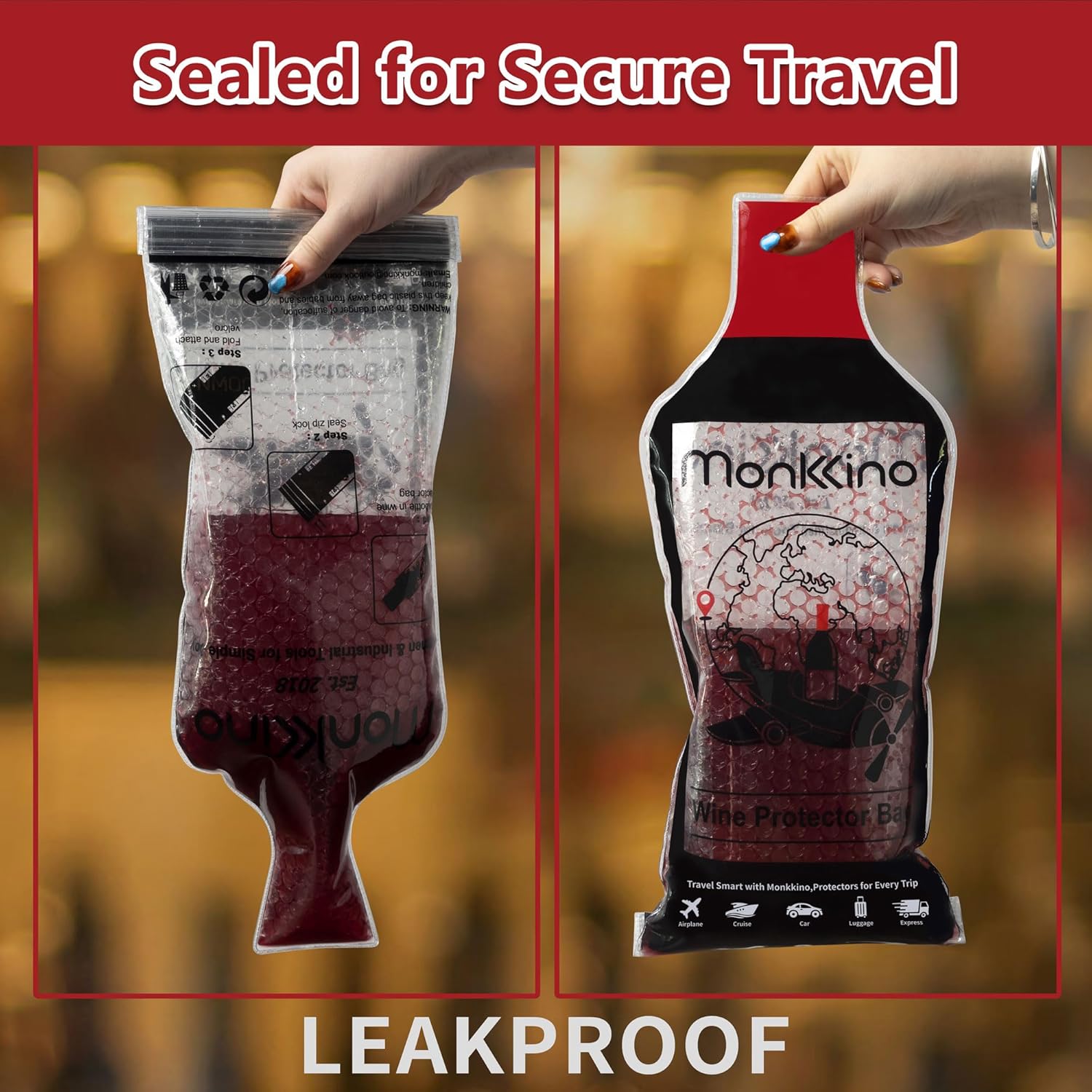 Wine Bags for Travel, 3 PACK Leakproof Wine Bottle Bags, (All-Around Protection) Reusable Wine Bottle Travel Protector Bags, Leak-proof Wine Sleeves for Suitcase, Airplane, Durable Bubble Wrap